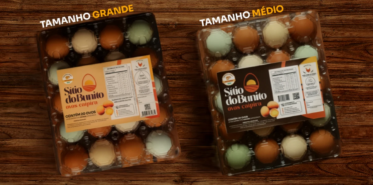 Bandejas de 20 ovos caipira Sítio do Bunito, nos tamanhos grande e médio